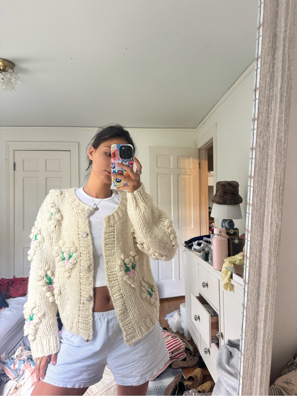 Cream Floral Hand-Knit Chunky Cardigan